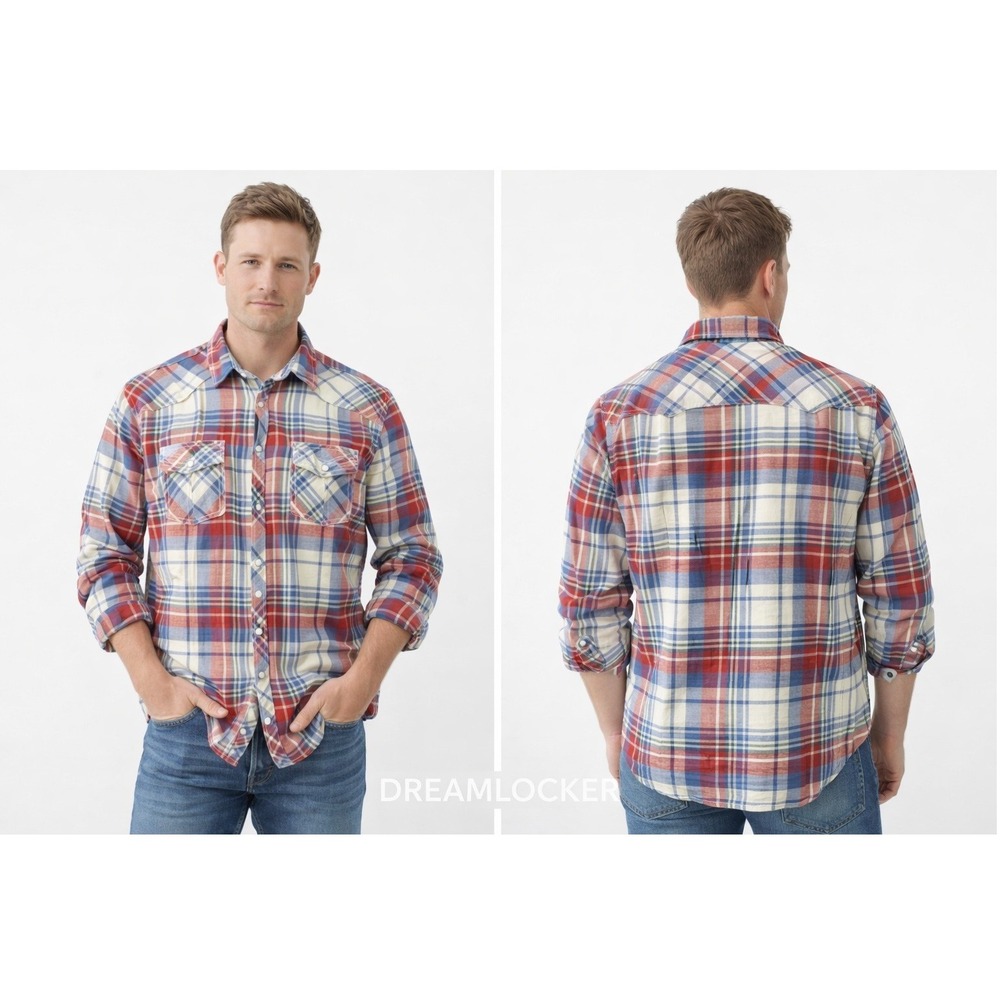 BKE Mens Standard Fit Plaid‎ Western Pearl Snap Flannel Shirt Red Blue Large